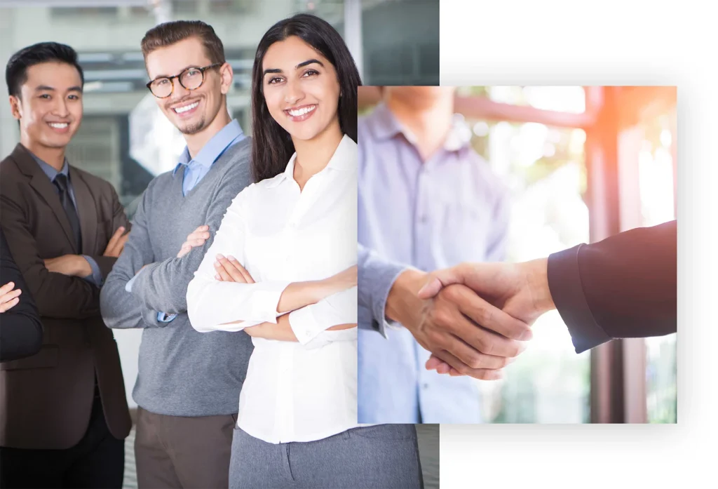 Four business people with arms crossed smiling. People shaking Hands.